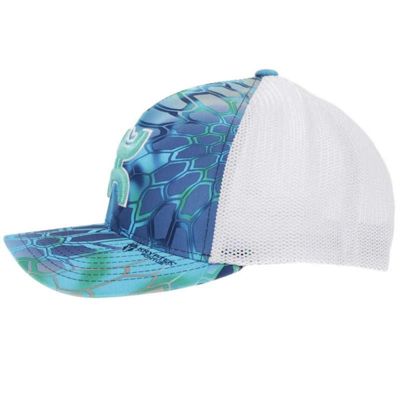 left side of the "Bass" blue and white scale hat with teal Hooey logo