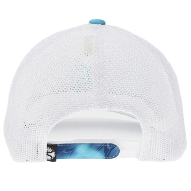 back of the "Bass" blue and white scale hat with teal Hooey logo