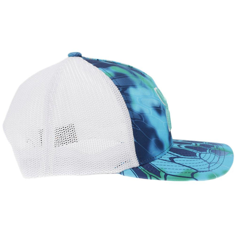 right side of the "Bass" blue and white scale hat with teal Hooey logo