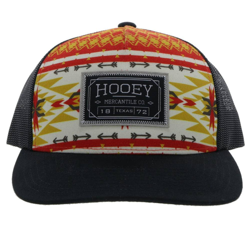 front of the Doc black hat with red, yellow, white Aztec pattern on front