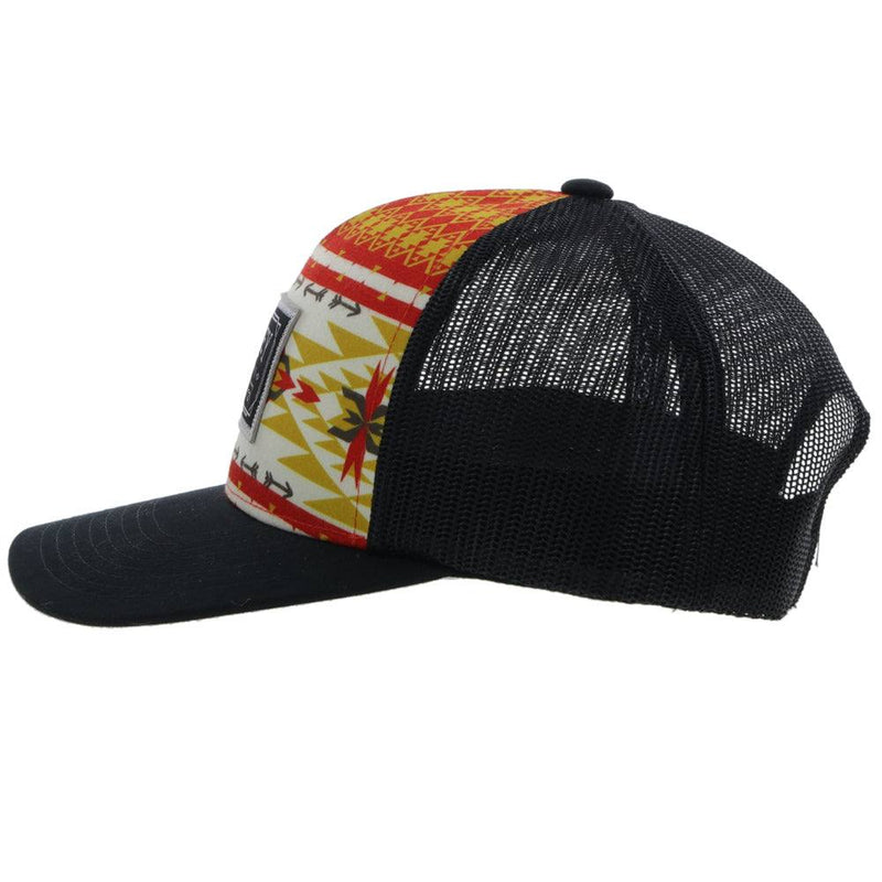 left side of the Doc black hat with red, yellow, white Aztec pattern on front