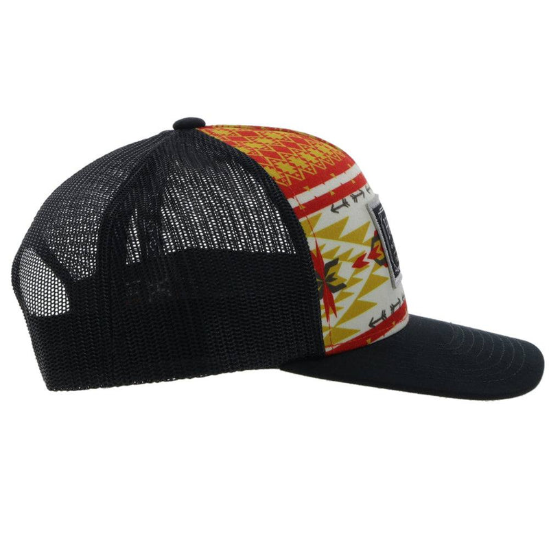 right side of the Doc black hat with red, yellow, white Aztec pattern on front