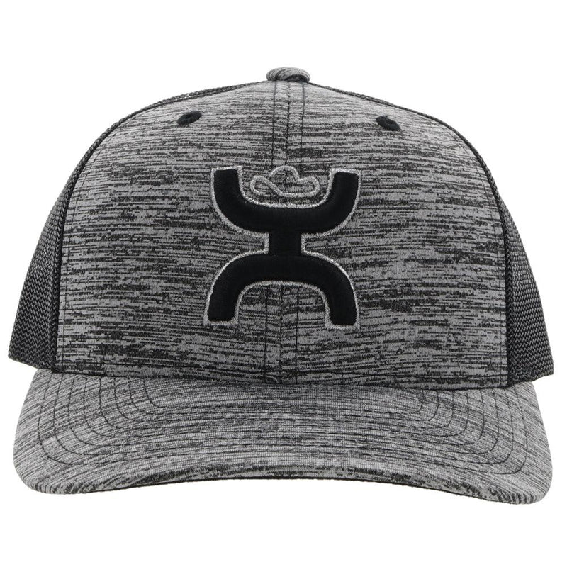 front view of the sterling black and heather grey youth hat with black and grey Hooey logo