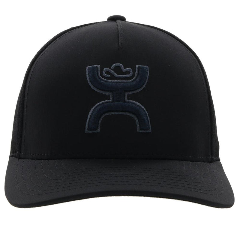 front of the black on black Coach flexfit hat with charcoal logo