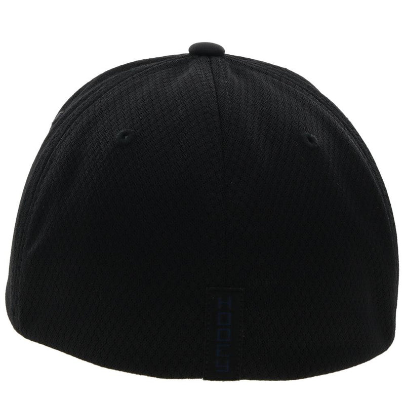 back of the black on black Coach flexfit hat with charcoal logo