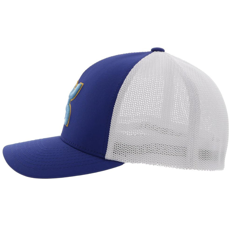 left side of the blue and white flexfit Coach hat with gold and baby blue logo