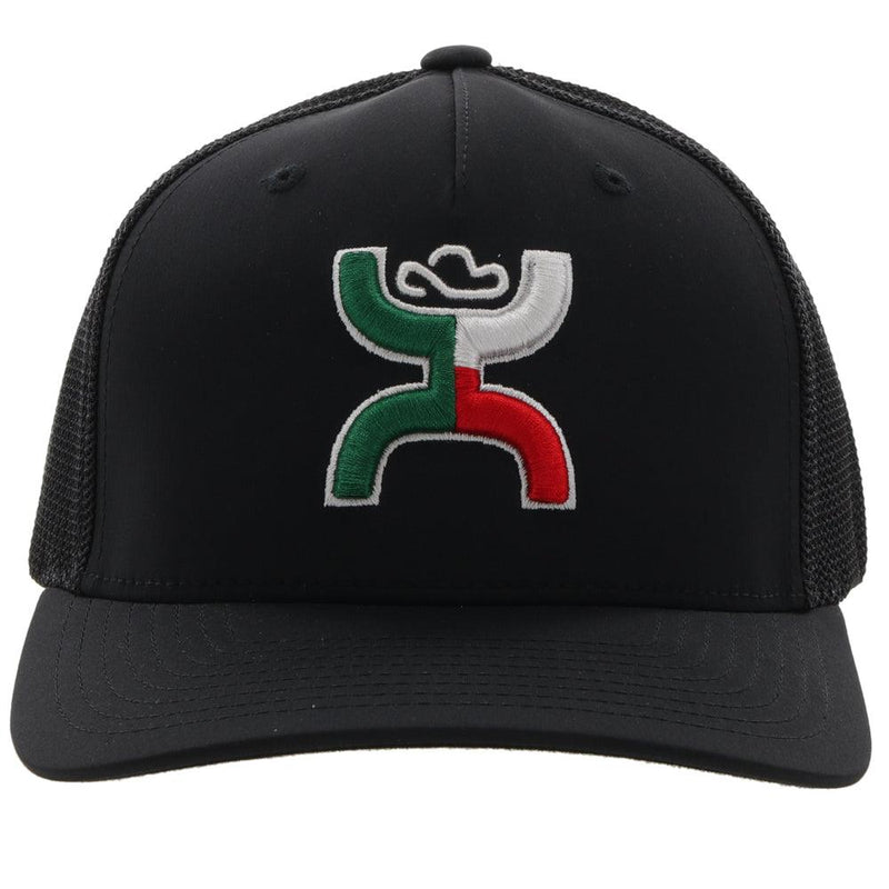 Front of the Black on black "Boquillas" hat with green, red, and white Hooey logo