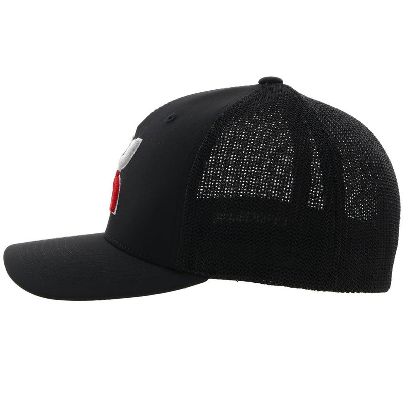 left side of the Black on black "Boquillas" hat with green, red, and white Hooey logo