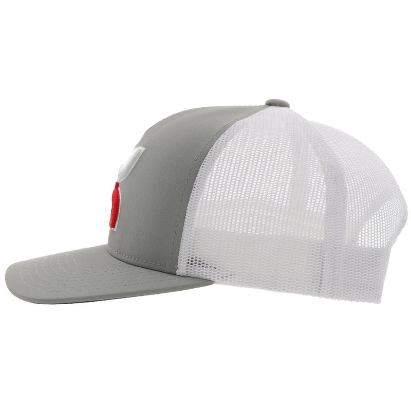 Left side of the Grey and white "Boquillas" hat