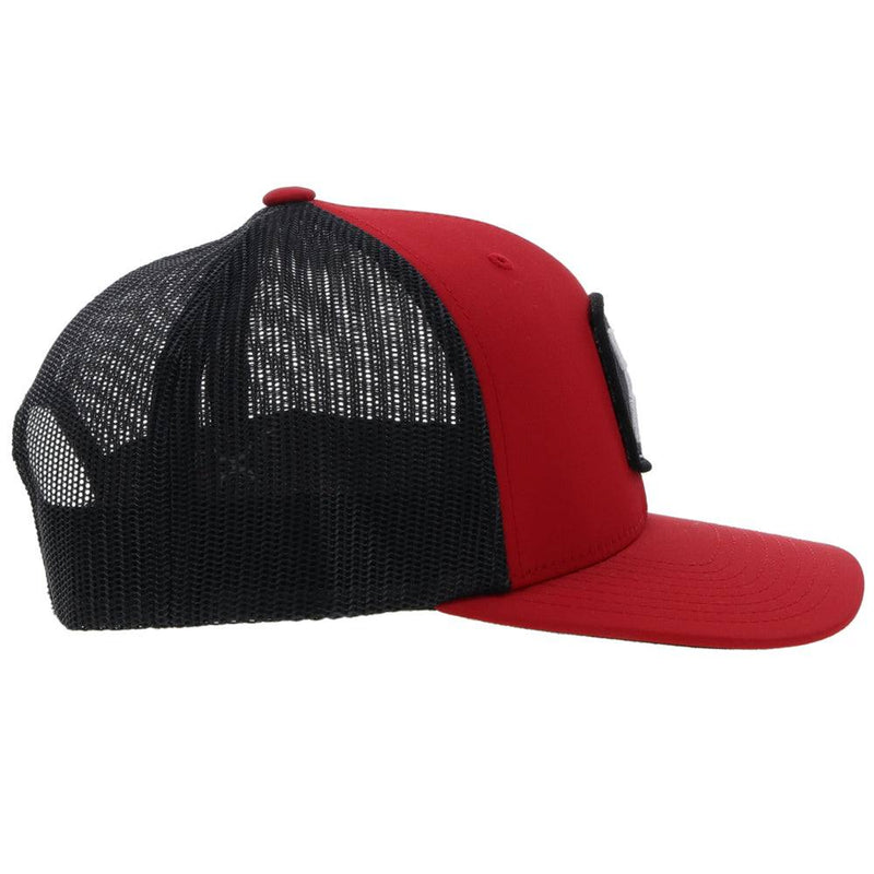 right side of the Zenith red and black snapback hat with black and white patch