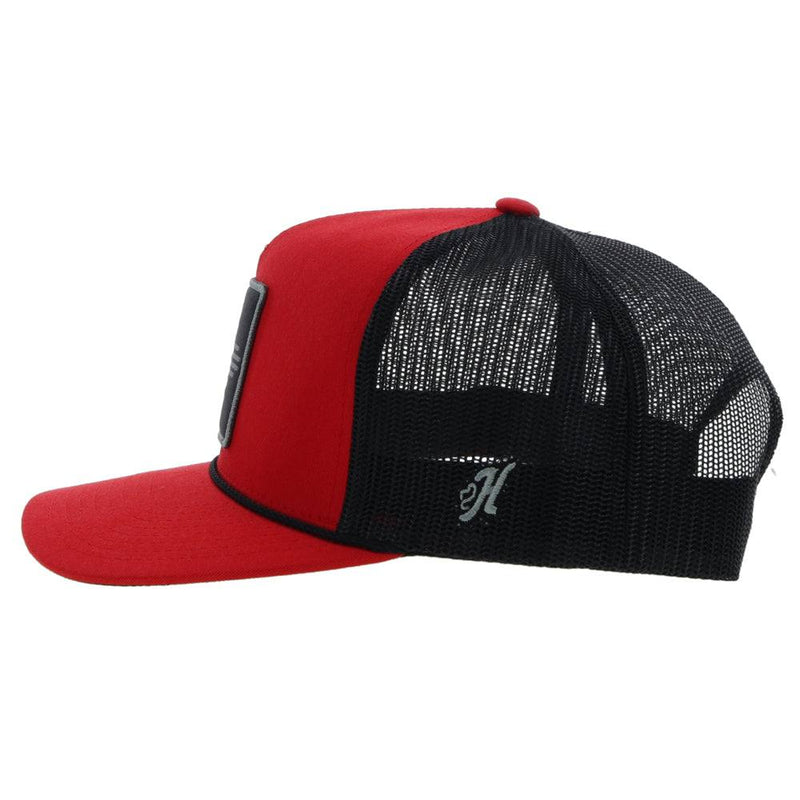 left side of the Zia red and black snapback hat with grey and black patch