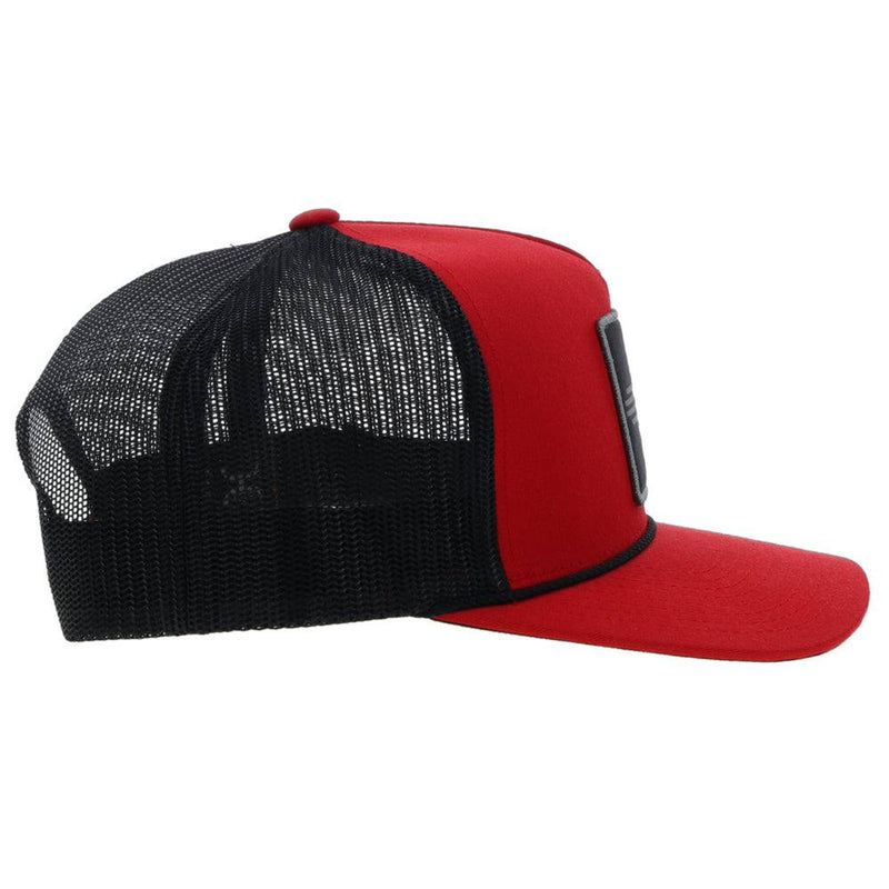 right side of the Zia red and black snapback hat with grey and black patch