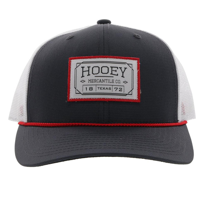 front of the Doc grey and white trucker hat with red and white patch and red rope detail