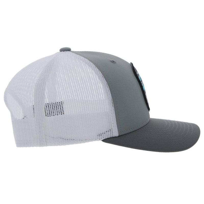 right side of the Grey and white Cheyenne snapback hat