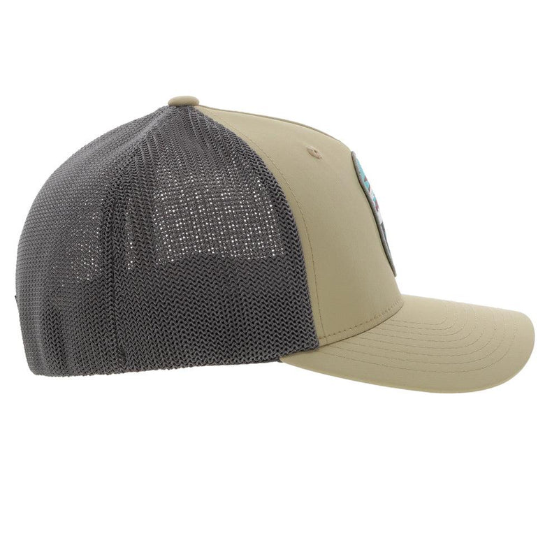 right side of the youth tan and grey flexfit Cheyenne hat