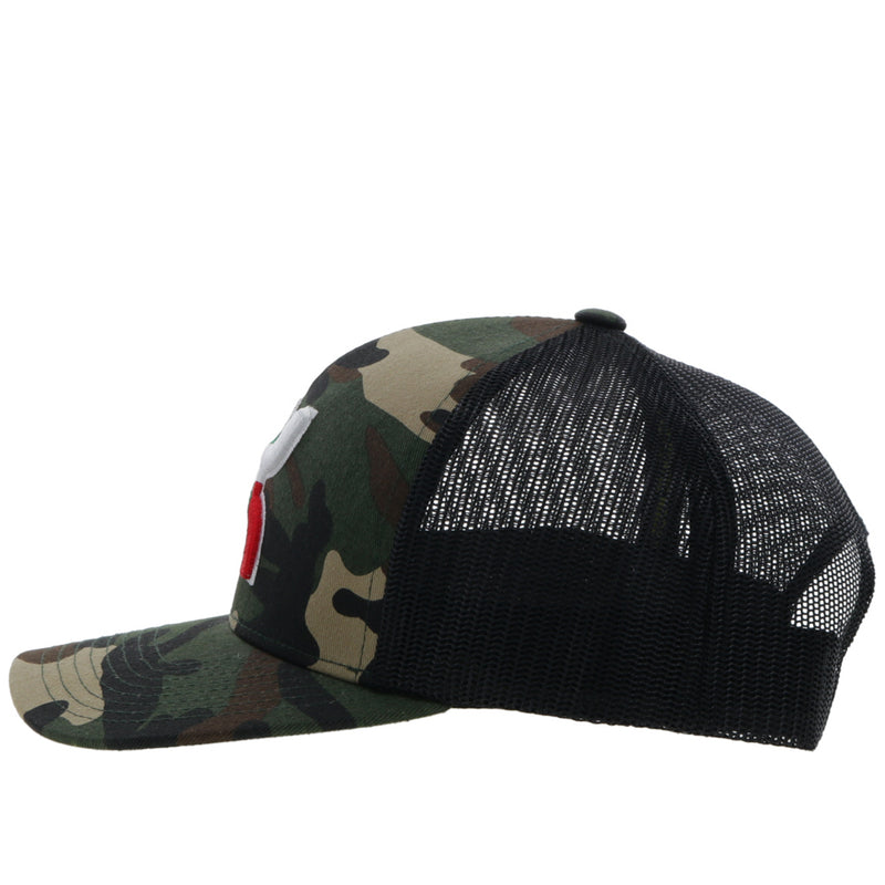 Left side of the Camo and black "Boquillas" hat