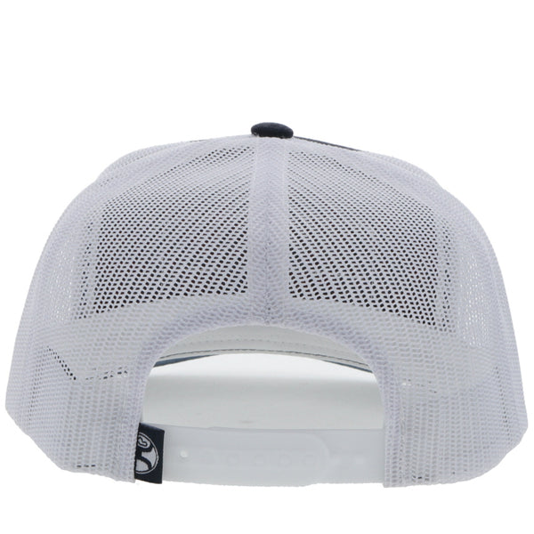 back of the Youth Horizon navy and white hat with blue, red, and grey patch