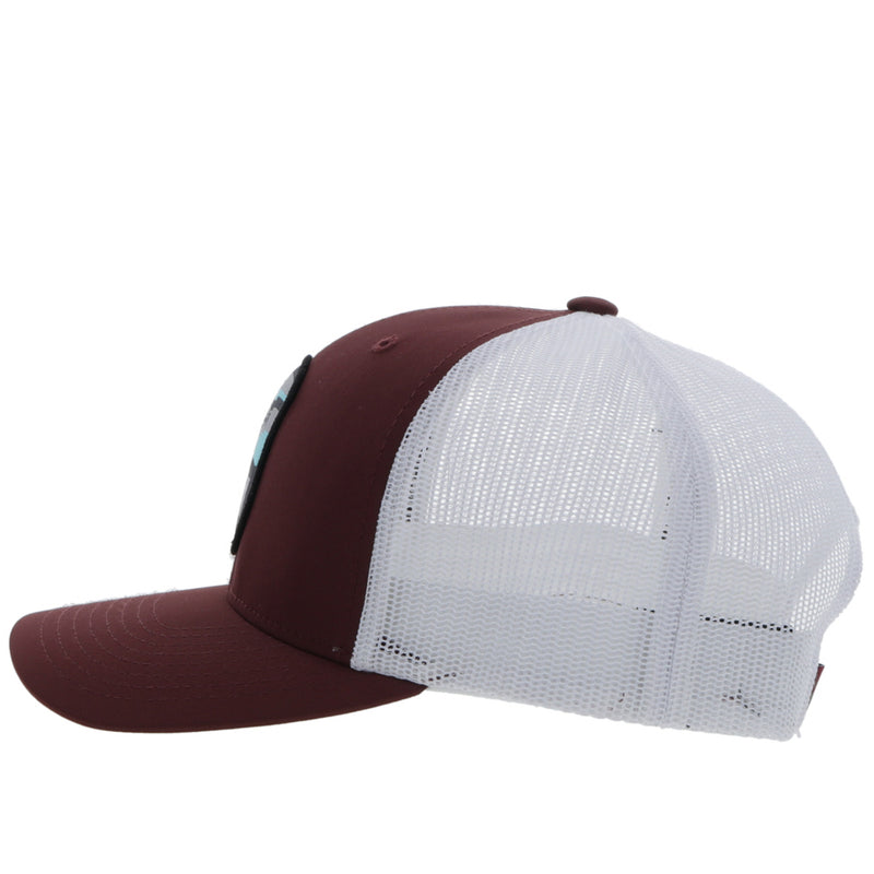 left side of the youth cheyenne maroon and white hat with cheyenne patch