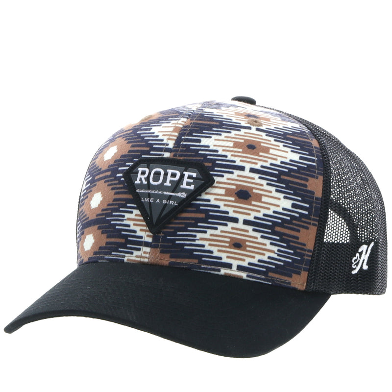 RLAG cream, tan, black Aztec print hat with black and grey diamond patch