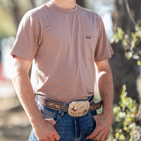 lifestyle image of the San Jose tan tee on a male model