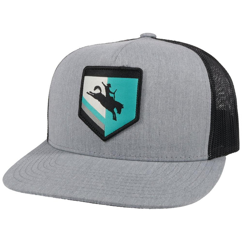 Tibbs grey and black hat with teal, black, and white logo patch