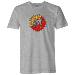 Matador tee in grey with red, orange, yellow, and black artwork logo