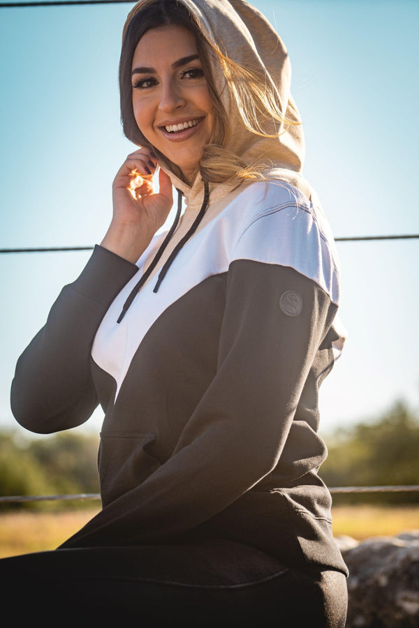 Berkley black, tan, and white hoody on female model