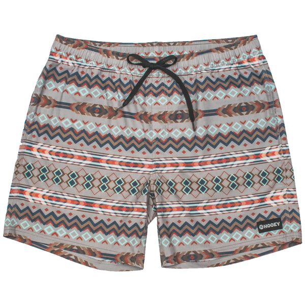 Bigwake grey, red, blue Aztec pattern board shorts