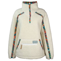 "Ladies Sherpa Pullover" Cream w/Multi Color Aztec Pattern Accents