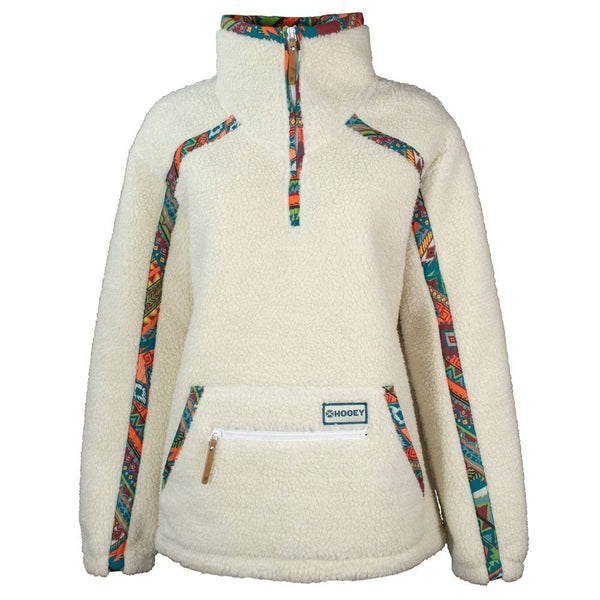 "Ladies Sherpa Pullover" Cream w/Multi Color Aztec Pattern Accents