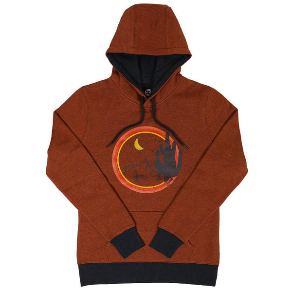 Marfa heather orange hoody with orange, yellow, black artwork, cuffs, and hood lining