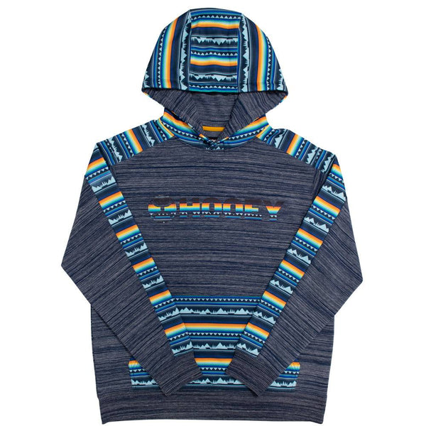 youth canyon navy hoody with yellow, blue, pattern on sleeves, pocket, and hood