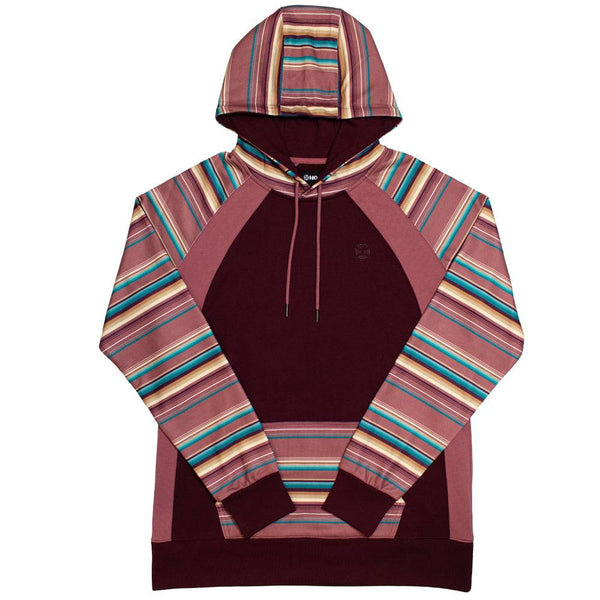 Savannah maroon hoody with red, tan, blue, maroon serape pattern on sleeves and hood