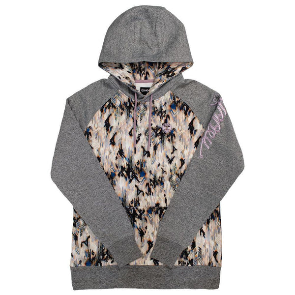 Maya tan and black aztec pattern hoody with grey sleeves, hood, and cuffs