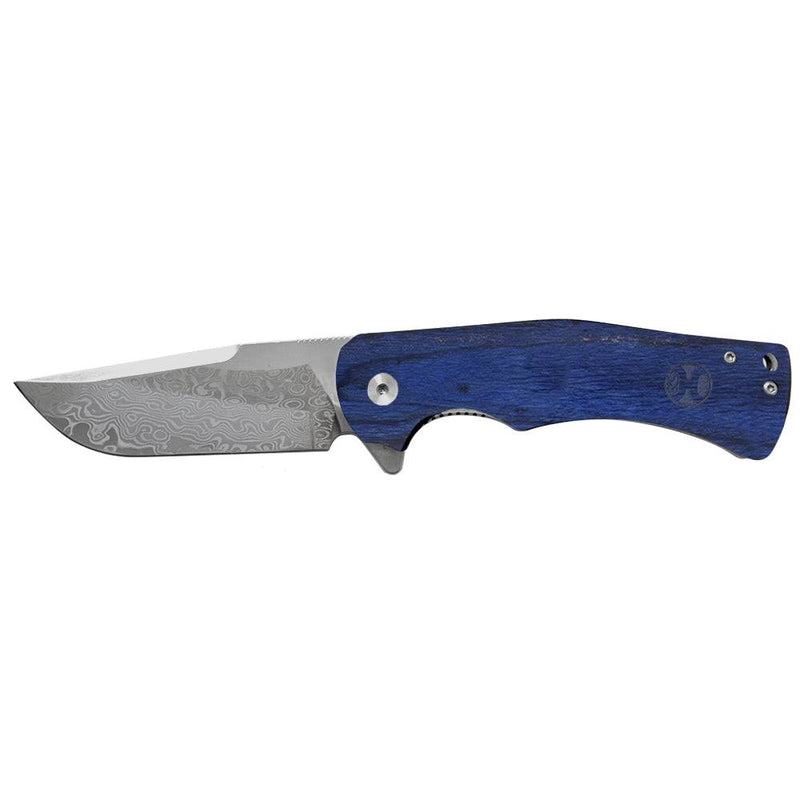 "Dyed Burlwood/Damascus Drop Point Flipper" Hooey Knife