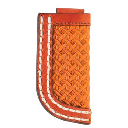 "Hands Up Basket Weave" Original Hooey Knife Sheath" Tan/Brown w/ Basket Weave & Ivory Stitching