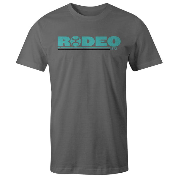 Rodeo tee in grey with turquoise and black logo