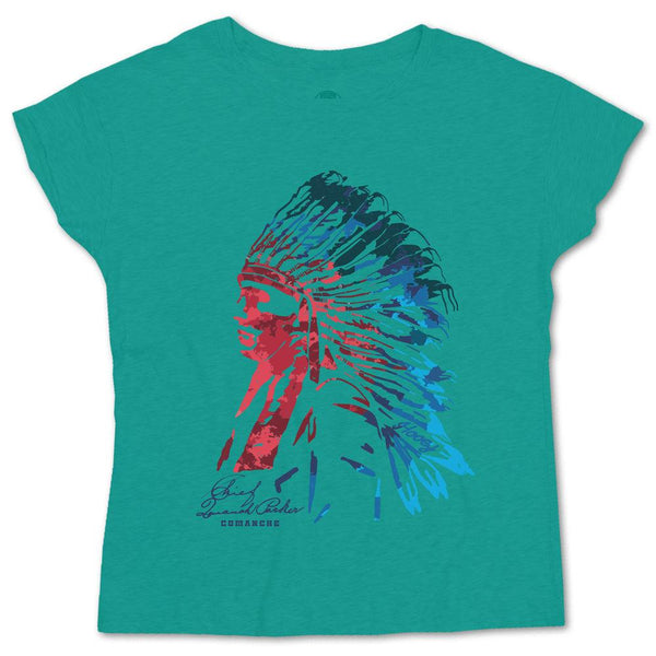 Quanah tee in turquoise with multi color artwork