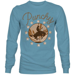 Punchy long sleeve tee in denim with original artwork in brown and tan