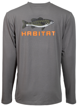 Bass grey long sleeve tee with Habitat in orange and fish artwork