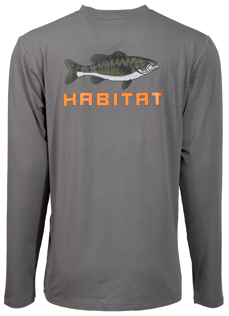 Bass grey long sleeve tee with Habitat in orange and fish artwork