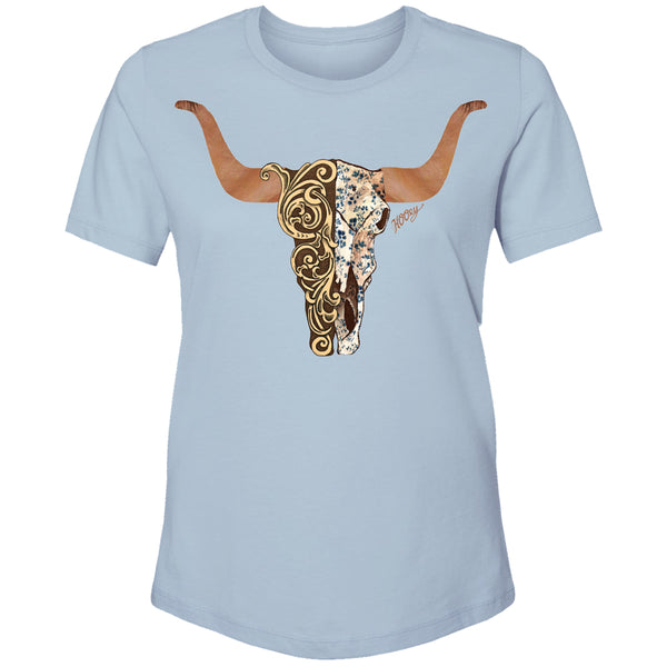 Yuma denim with brown, tan, and floral skull tee