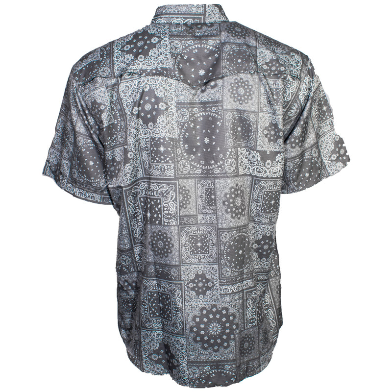 "Sol" Charcoal Bandana Pattern Short Sleeve Pearl Snap Shirt