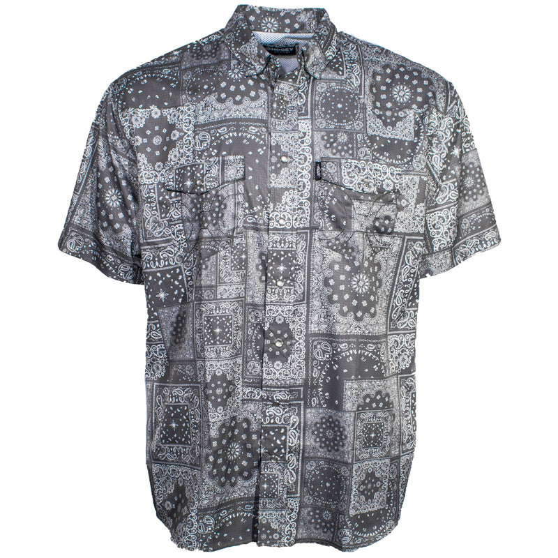 "Sol" Charcoal Bandana Pattern Short Sleeve Pearl Snap Shirt