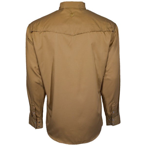 back of the SOL tigers eye long sleeve pearl snap shirt