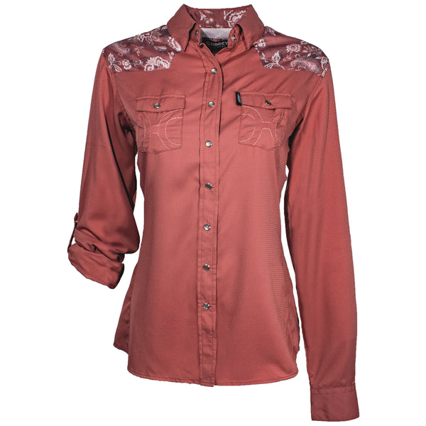 "Sol" Ladies Marsala w/Floral Pattern Detailing Long Sleeve Pearl Snap Shirt