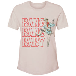 Bang Bang Baby t-shirt in light pink with hot pink writing and cowgirl artwork