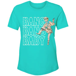 Bang Bang Baby t-shirt in turquoise with white writing and cowgirl artwork