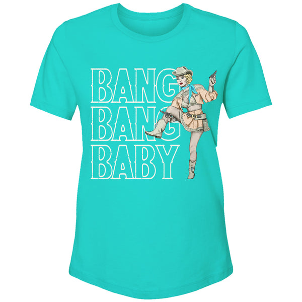 Bang Bang Baby t-shirt in turquoise with white writing and cowgirl artwork