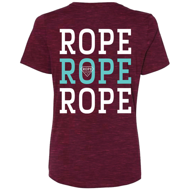 back of the Rope Rope Rope cranberry white and blue logo tee